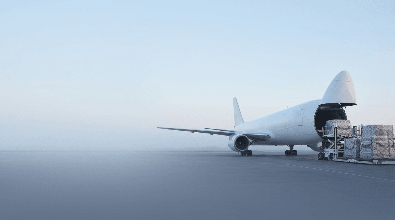 White cargo aircraft on an airport apron with its nose door open and pallets of cargo being loaded