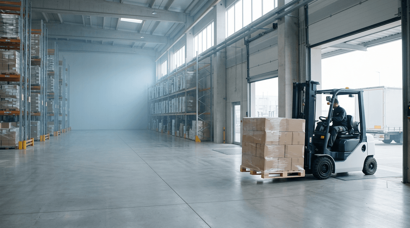 Forklift moving a shrink-wrapped pallet of boxes across a clean warehouse floor