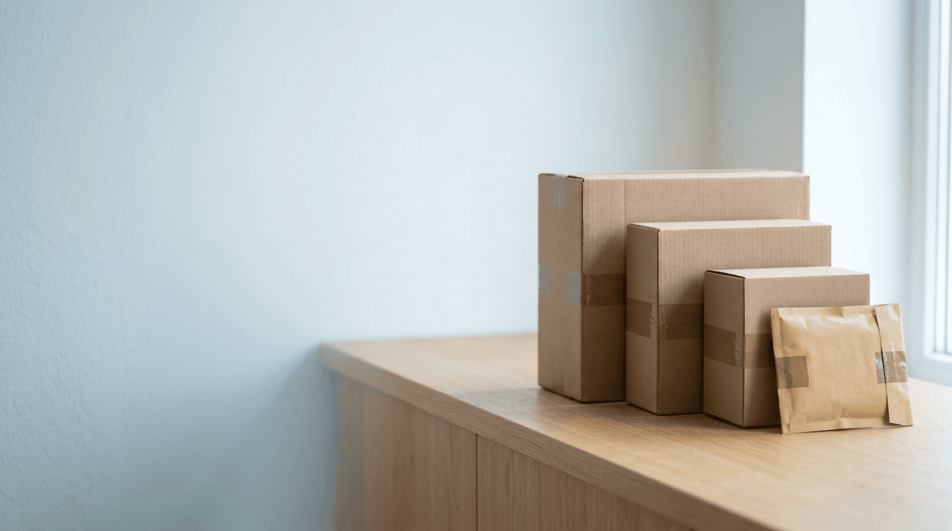 Sealed parcels of different sizes, from a padded envelope to a large box, on a wooden counter