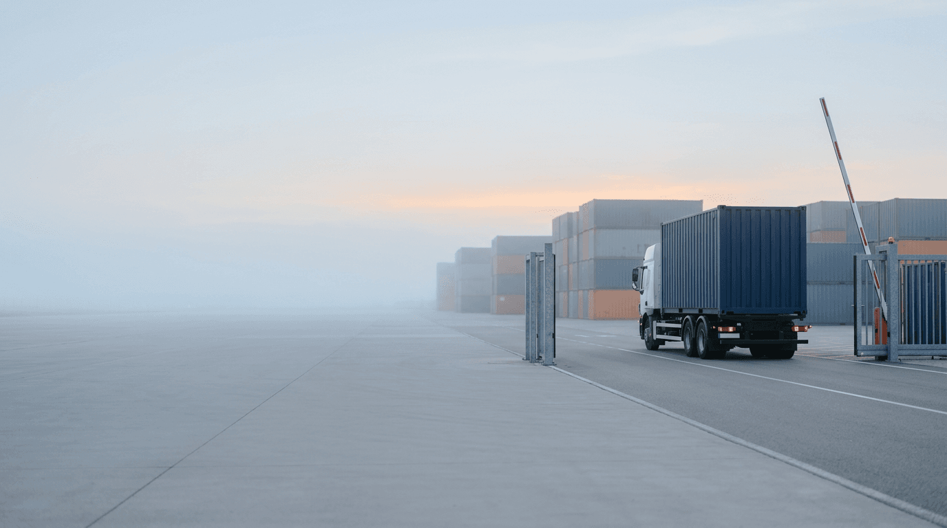 Truck carrying a shipping container through an open port gate past stacked containers