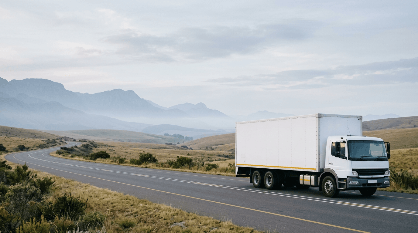 White delivery truck driving on an open highway through hills and mountains